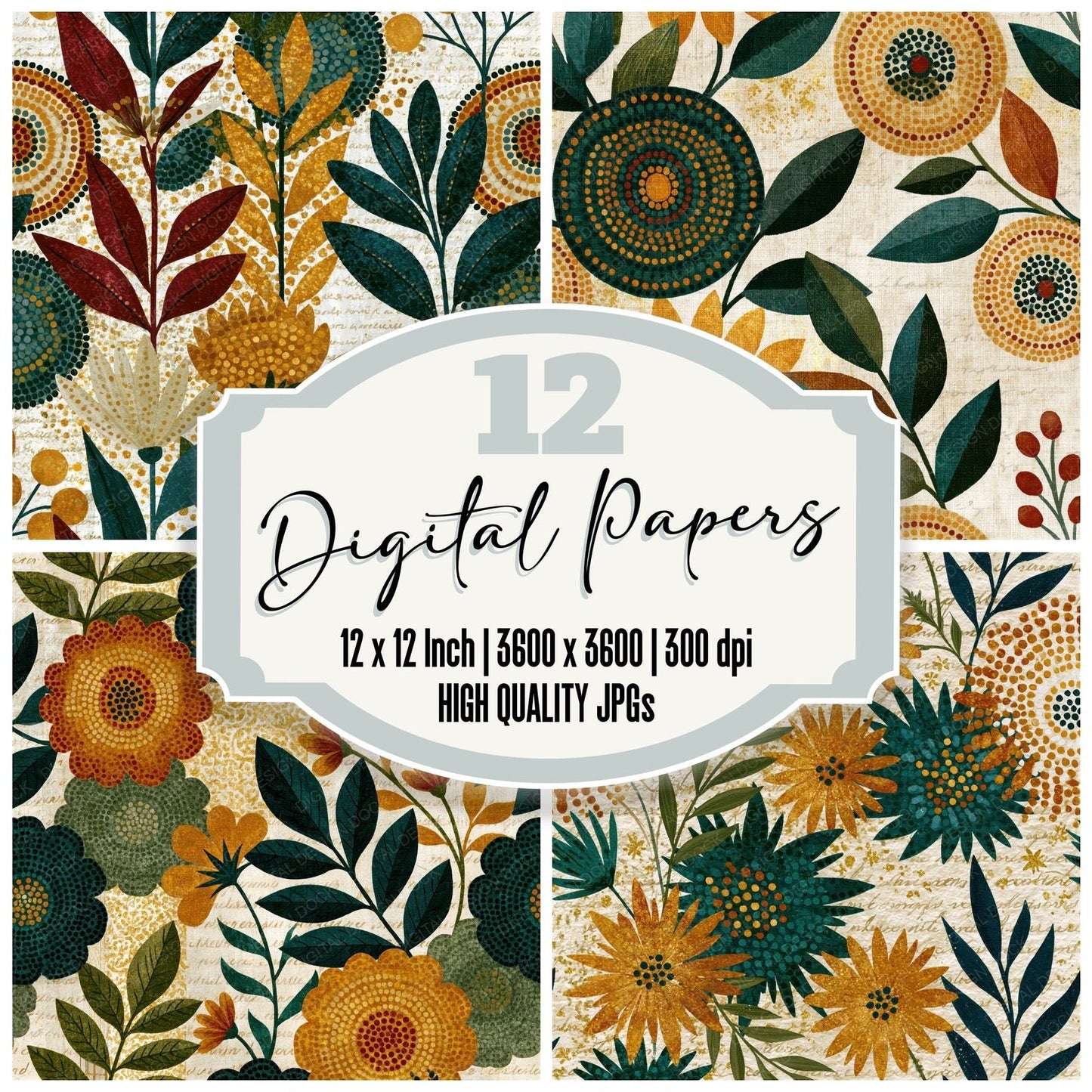 Aboriginal Wildflowers Amber Moss Seamless Digital Paper Pack (DDD016725)