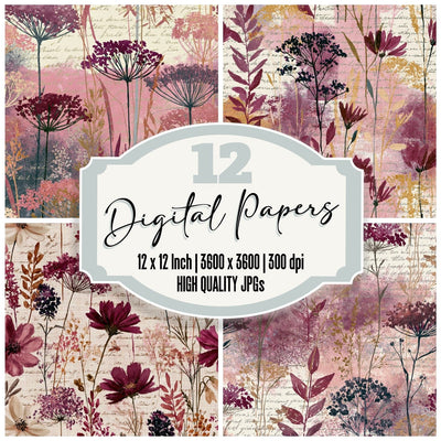 Cottage Garden Wildflowers Blackberry Burgundy digital paper pack cover showing four of the 12 papers