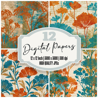 Block Print Wildflowers Burnt Orange Turquoise digital paper pack cover showing four of the 12 papers