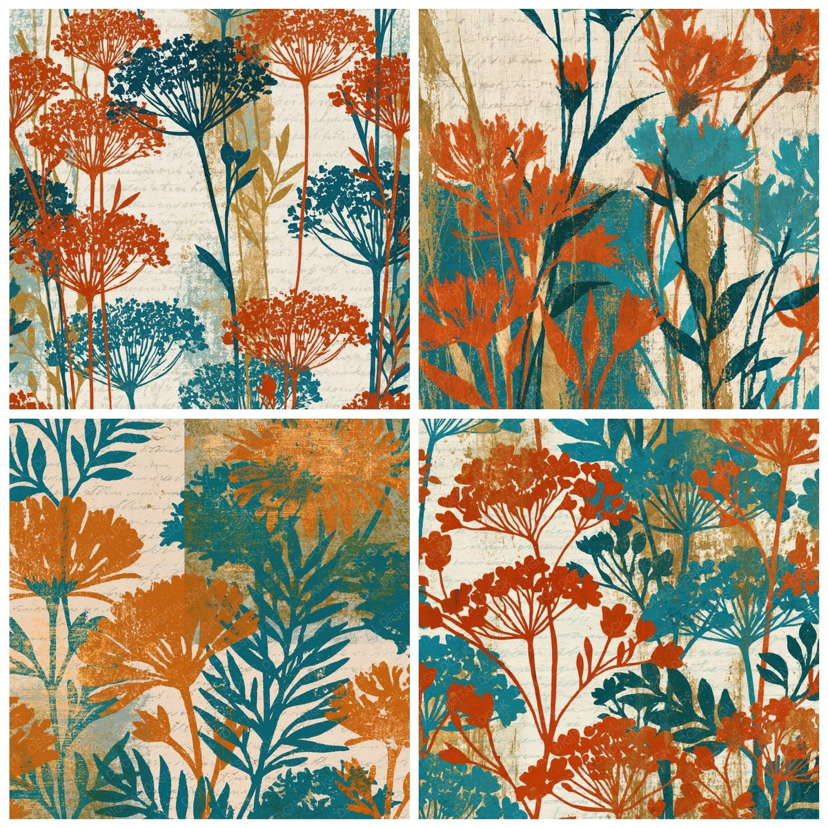 Four more Block Print Wildflowers Burnt Orange Turquoise digital papers from the pack shown in a grid