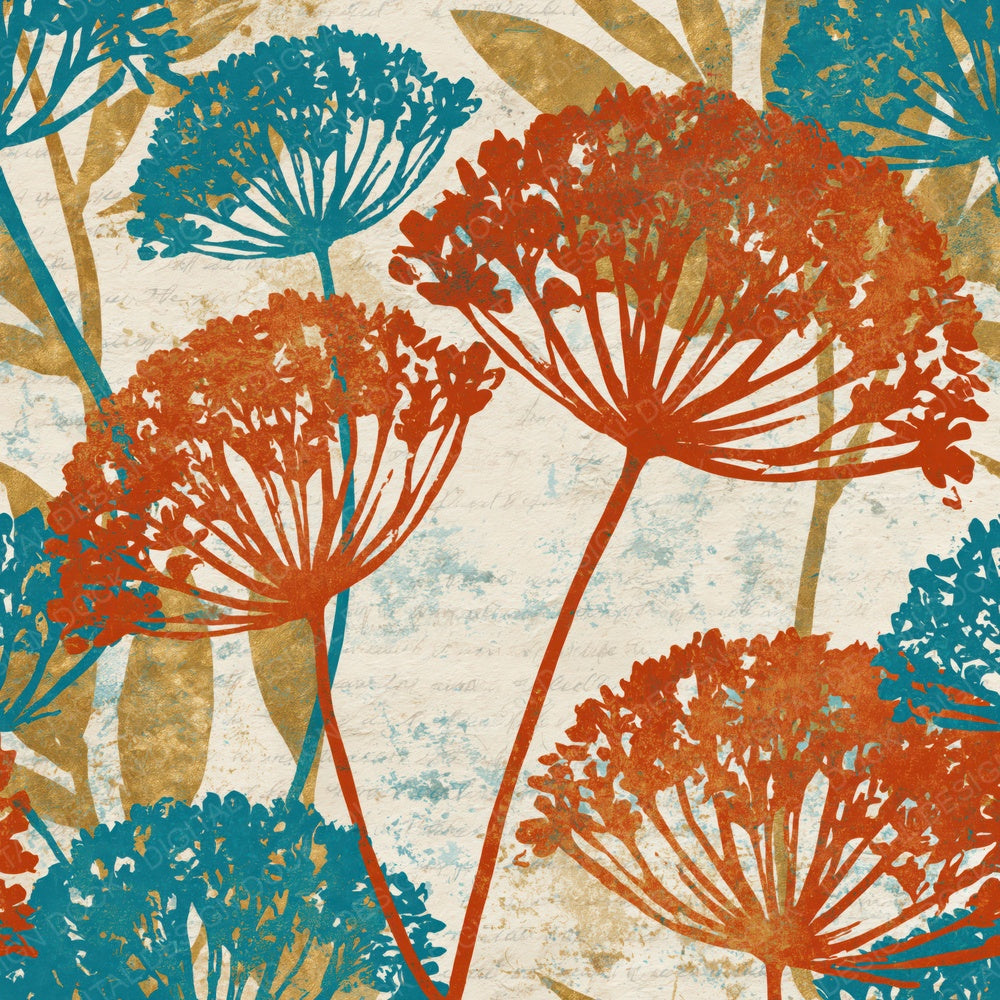 Single Block Print Wildflowers Burnt Orange Turquoise digital paper shown full size
