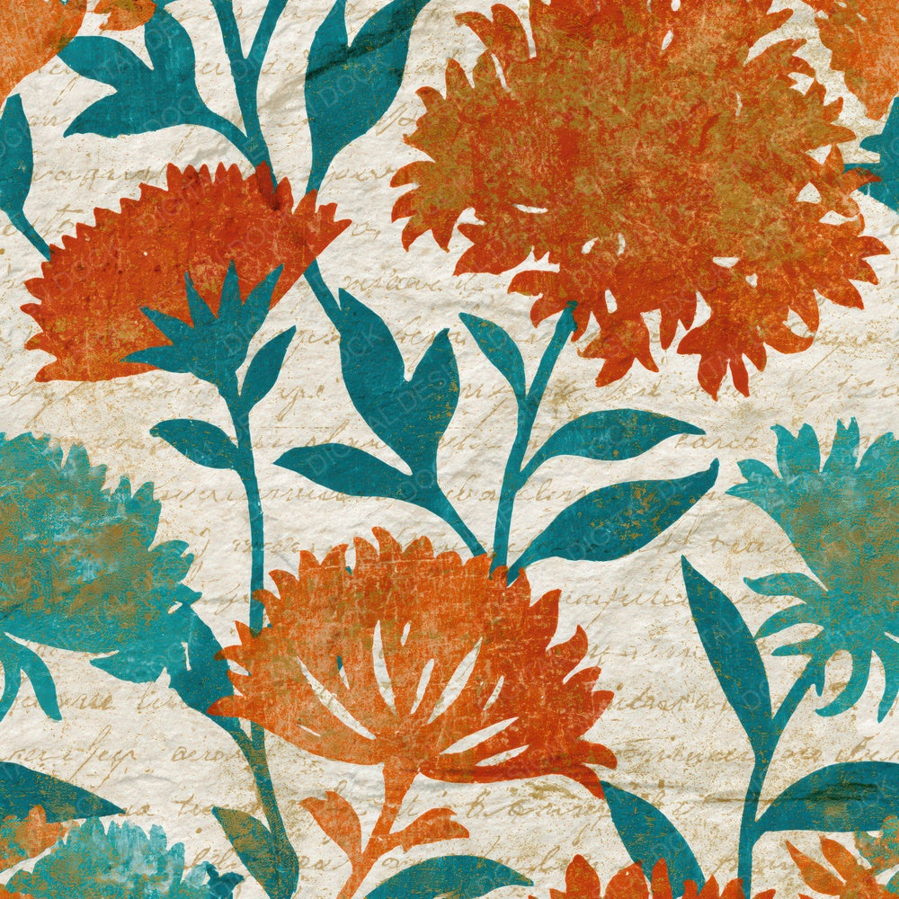 Another Block Print Wildflowers Burnt Orange Turquoise digital paper shown full size