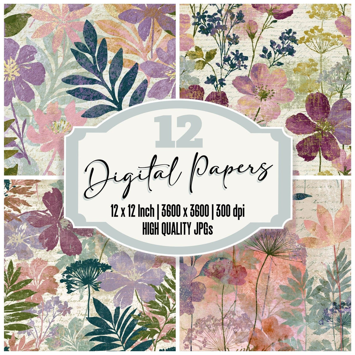 Bohemian Wildflowers Rose Lilac Abstract digital paper pack cover showing four of the 12 papers