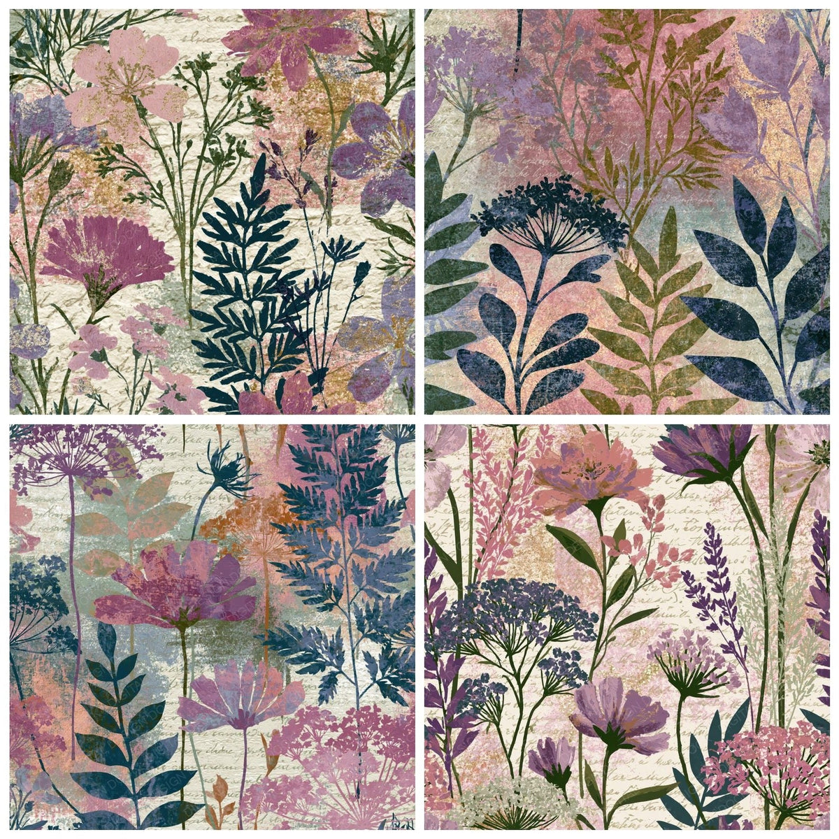 Four Bohemian Wildflowers Rose Lilac Abstract digital papers from the pack shown in a grid