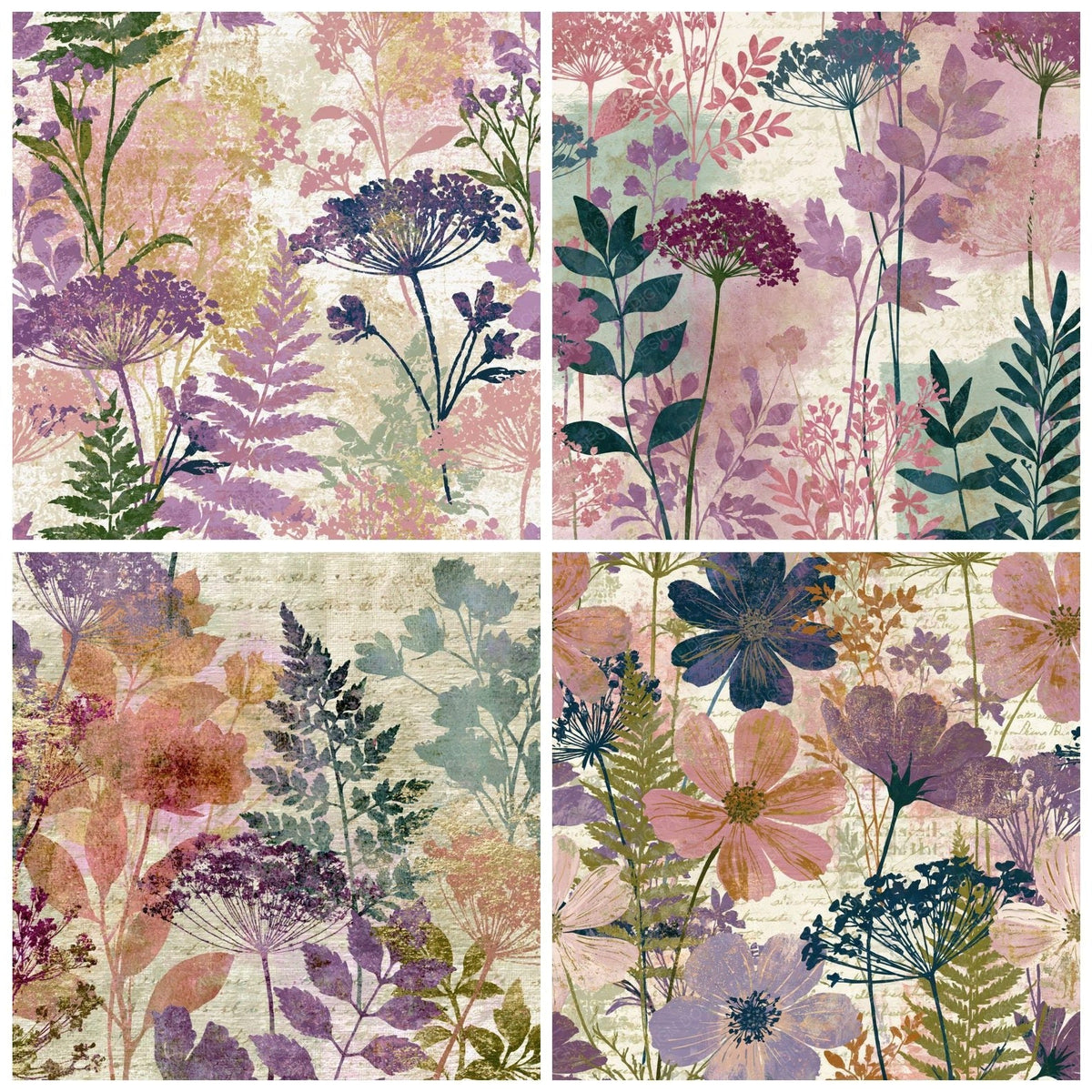 Four more Bohemian Wildflowers Rose Lilac Abstract digital papers from the pack shown in a grid