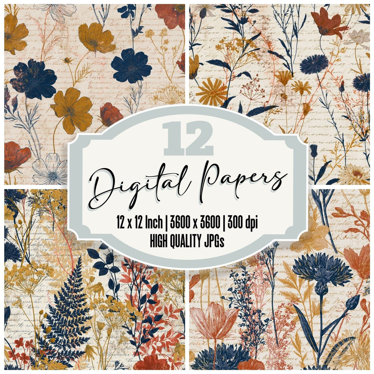 Botanical Wildflowers Mustard Navy Tomato digital paper pack cover showing four of the 12 papers