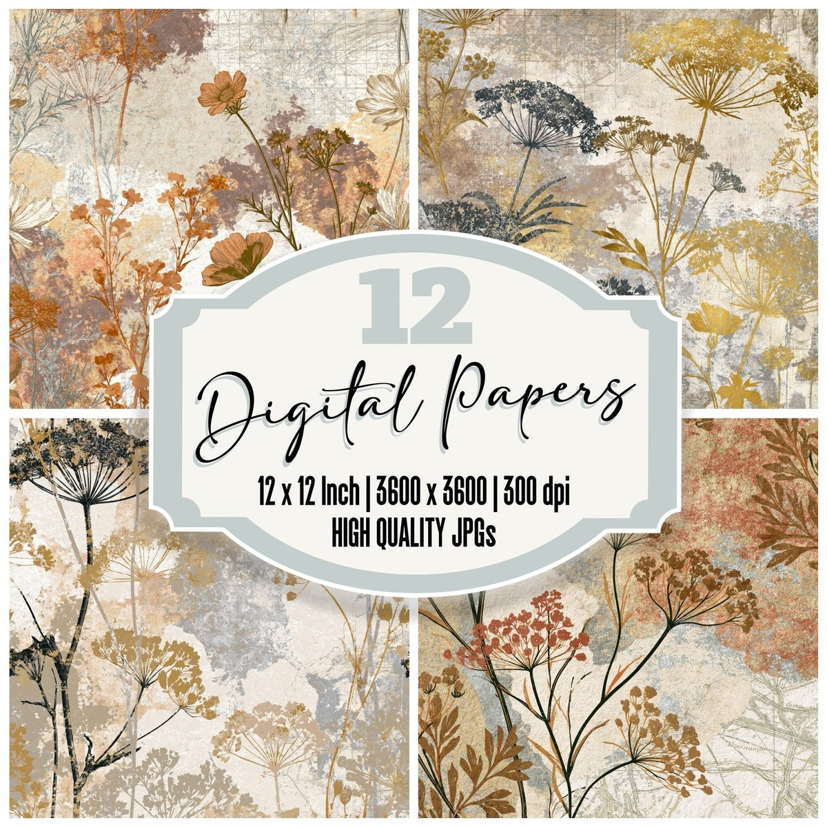 Botanical Wildflowers Oyster Parchment digital paper pack cover showing four of the 12 papers