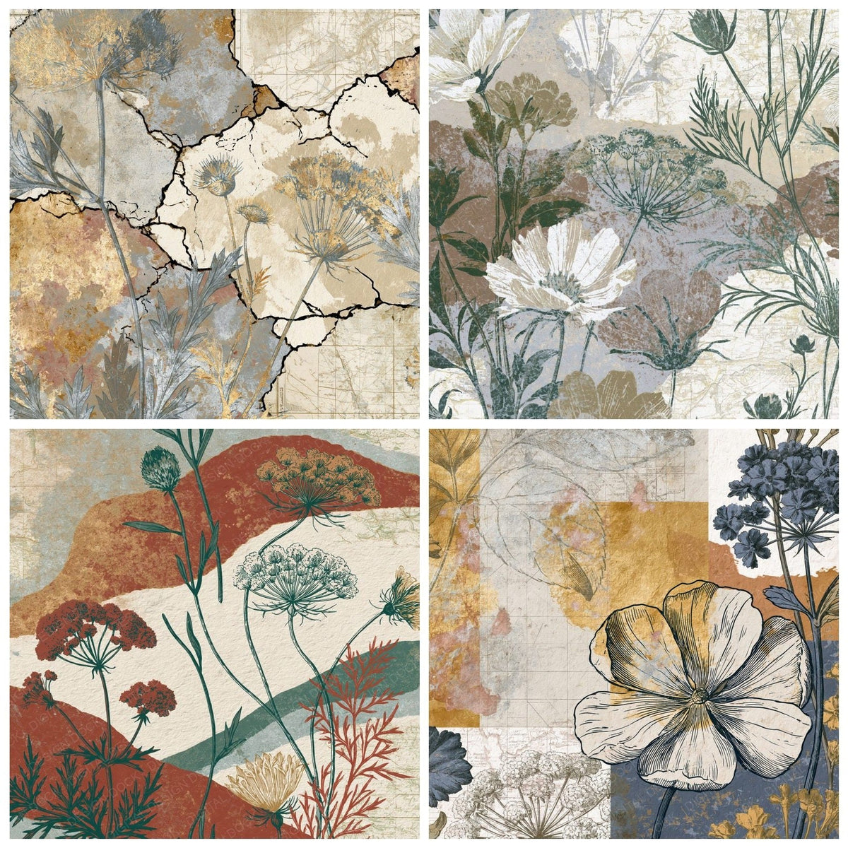 Four Botanical Wildflowers Oyster Parchment digital papers from the pack shown in a grid