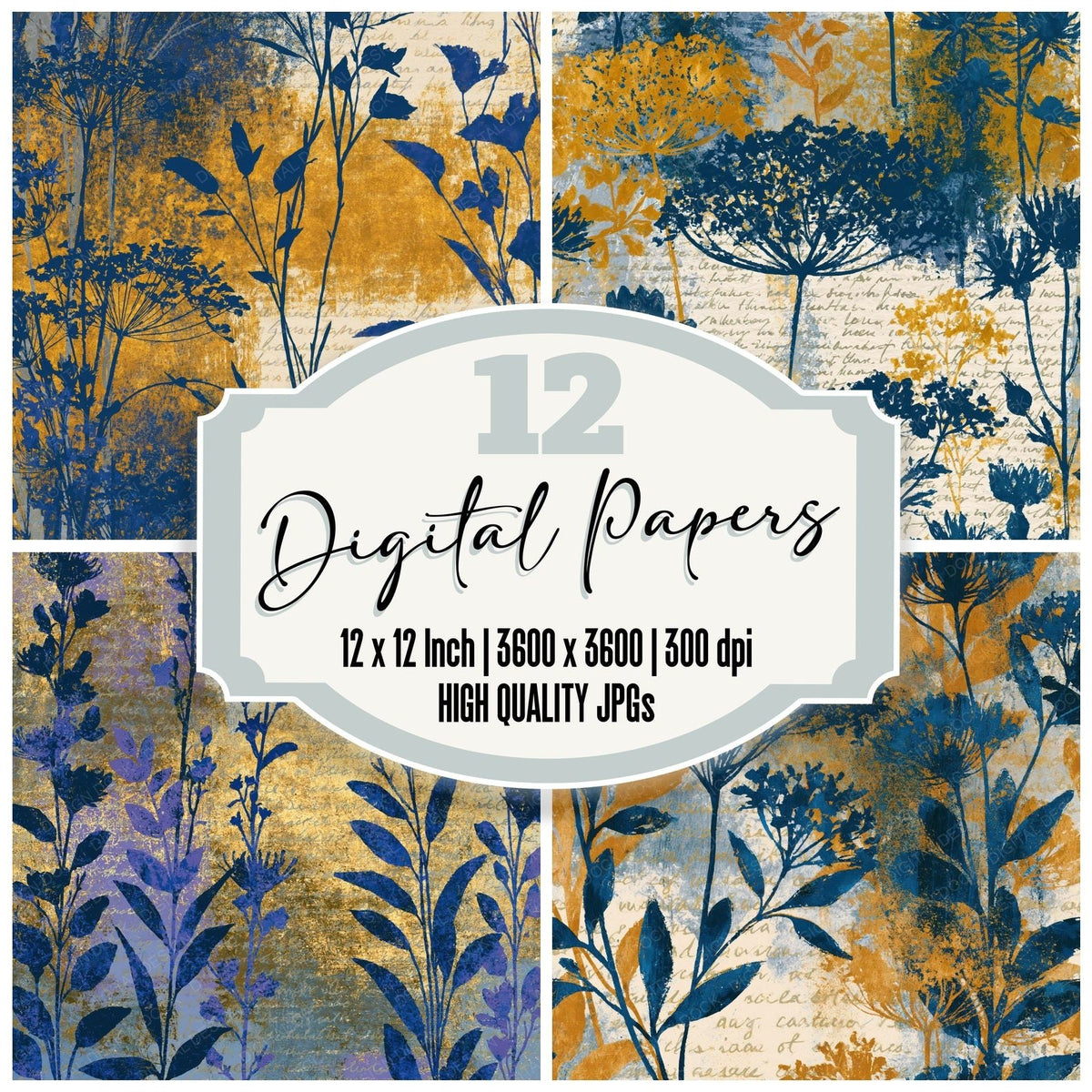 Colour Field Wildflowers Gold Jewel Blue Abstract digital paper pack cover showing four of the 12 papers