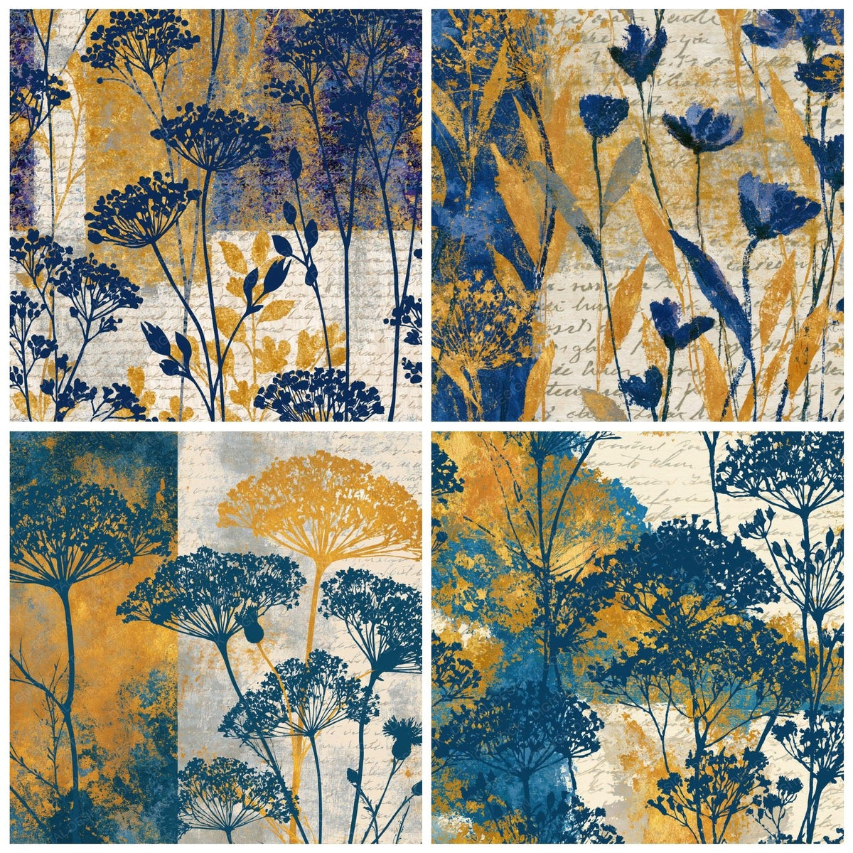Four Colour Field Wildflowers Gold Jewel Blue Abstract digital papers from the pack shown in a grid