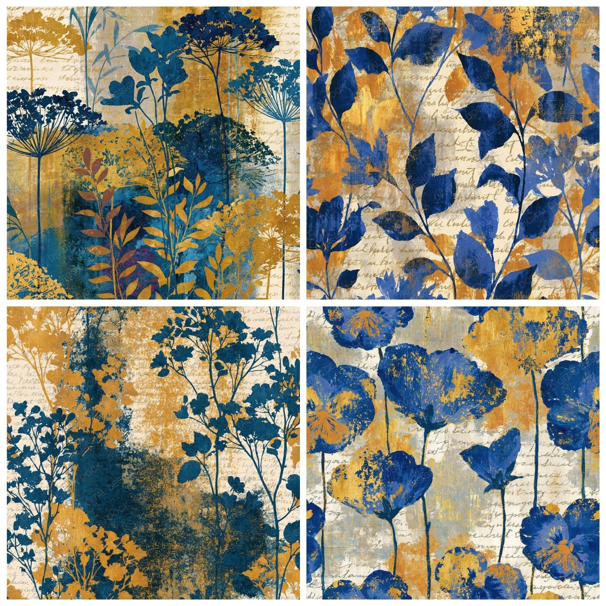 Four more Colour Field Wildflowers Gold Jewel Blue Abstract digital papers from the pack shown in a grid