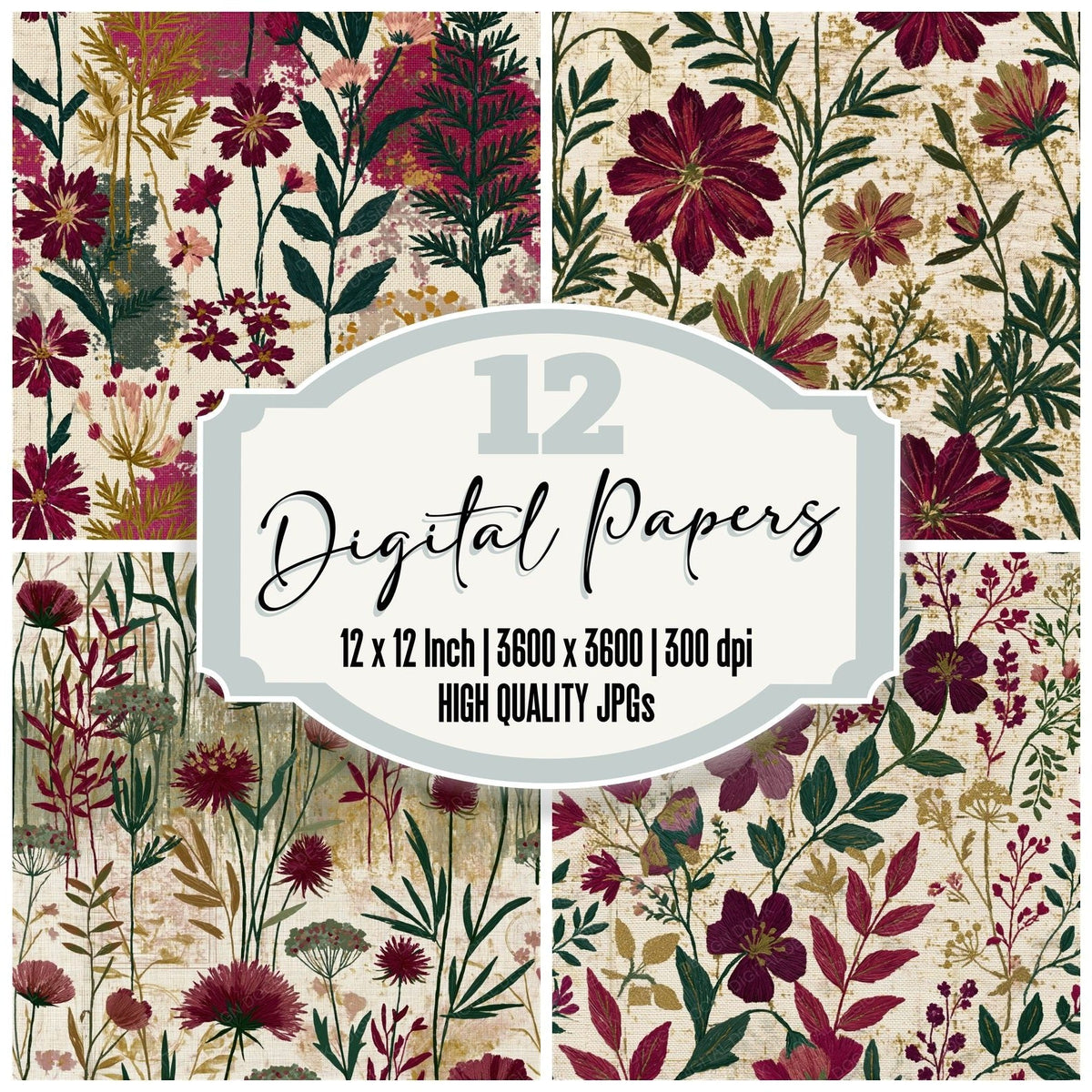 Embroidery Wildflowers Wine Evergreen Seamless digital paper pack cover showing four of the 12 papers