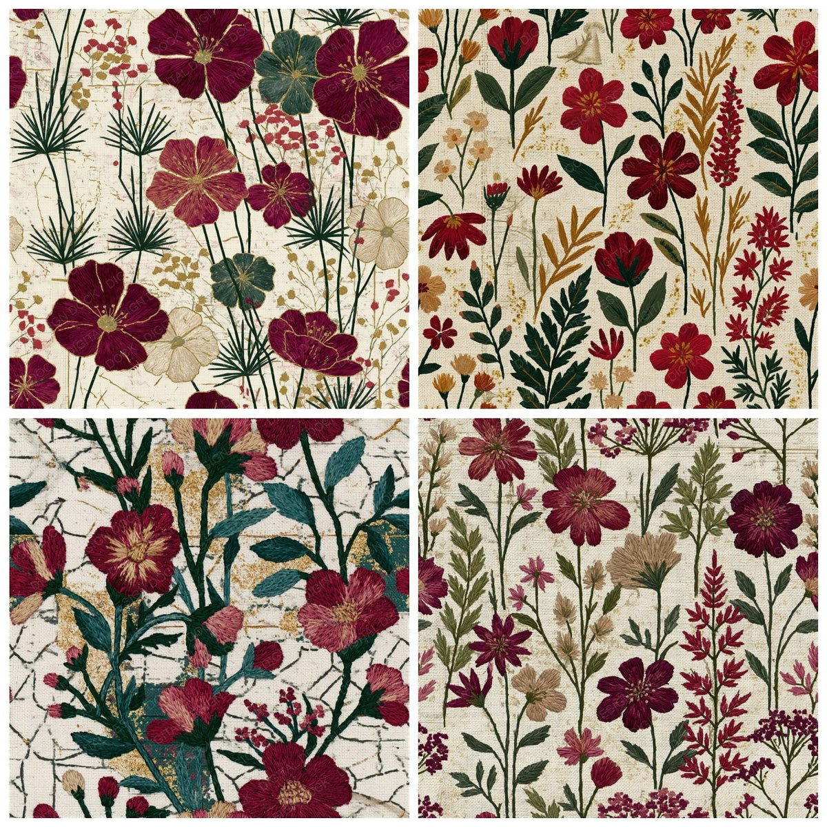 Four Embroidery Wildflowers Wine Evergreen Seamless digital papers from the pack shown in a grid