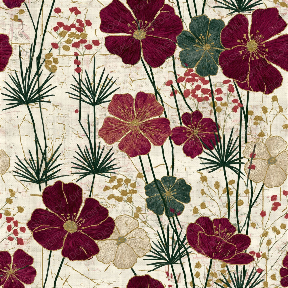Single Embroidery Wildflowers Wine Evergreen Seamless digital paper shown full size