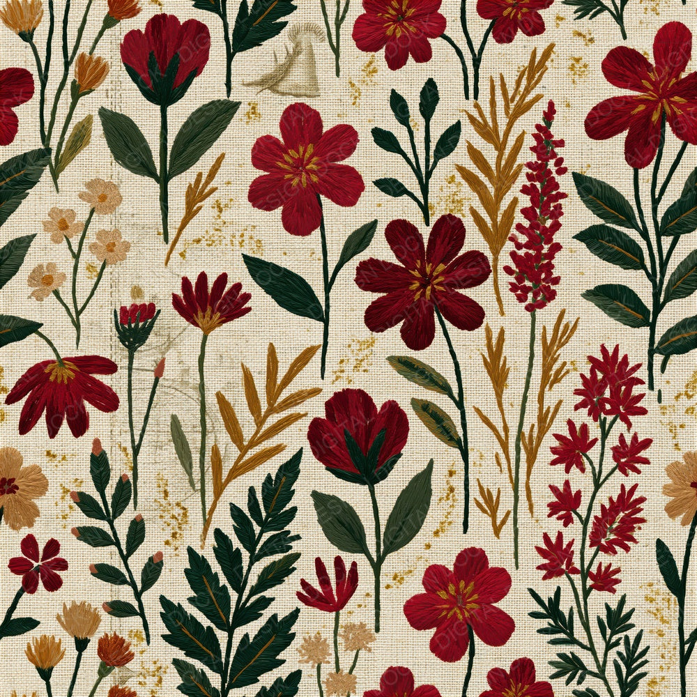 Another Embroidery Wildflowers Wine Evergreen Seamless digital paper shown full size