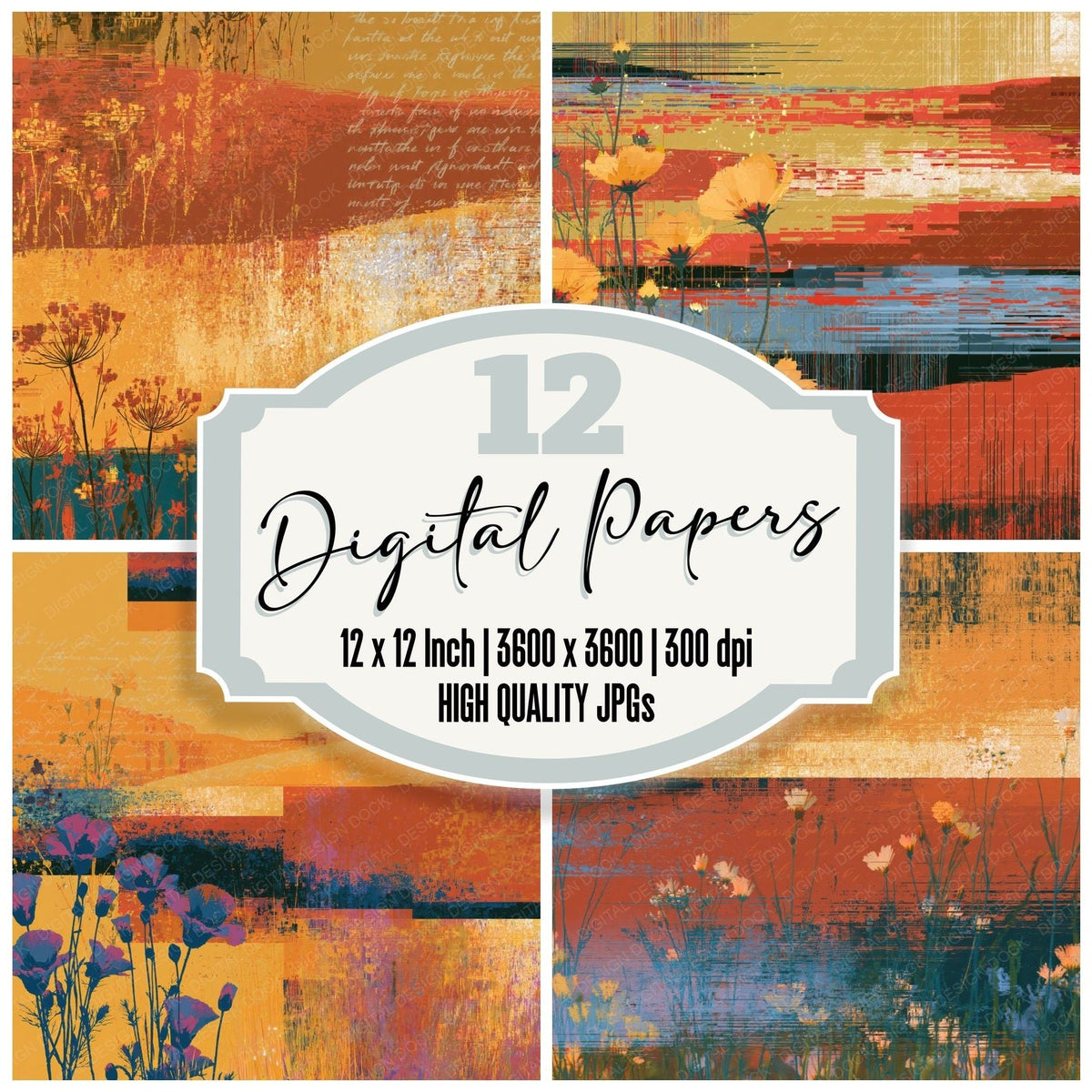 Glitch Wildflowers Saffron Rust digital paper pack cover showing four of the 12 papers