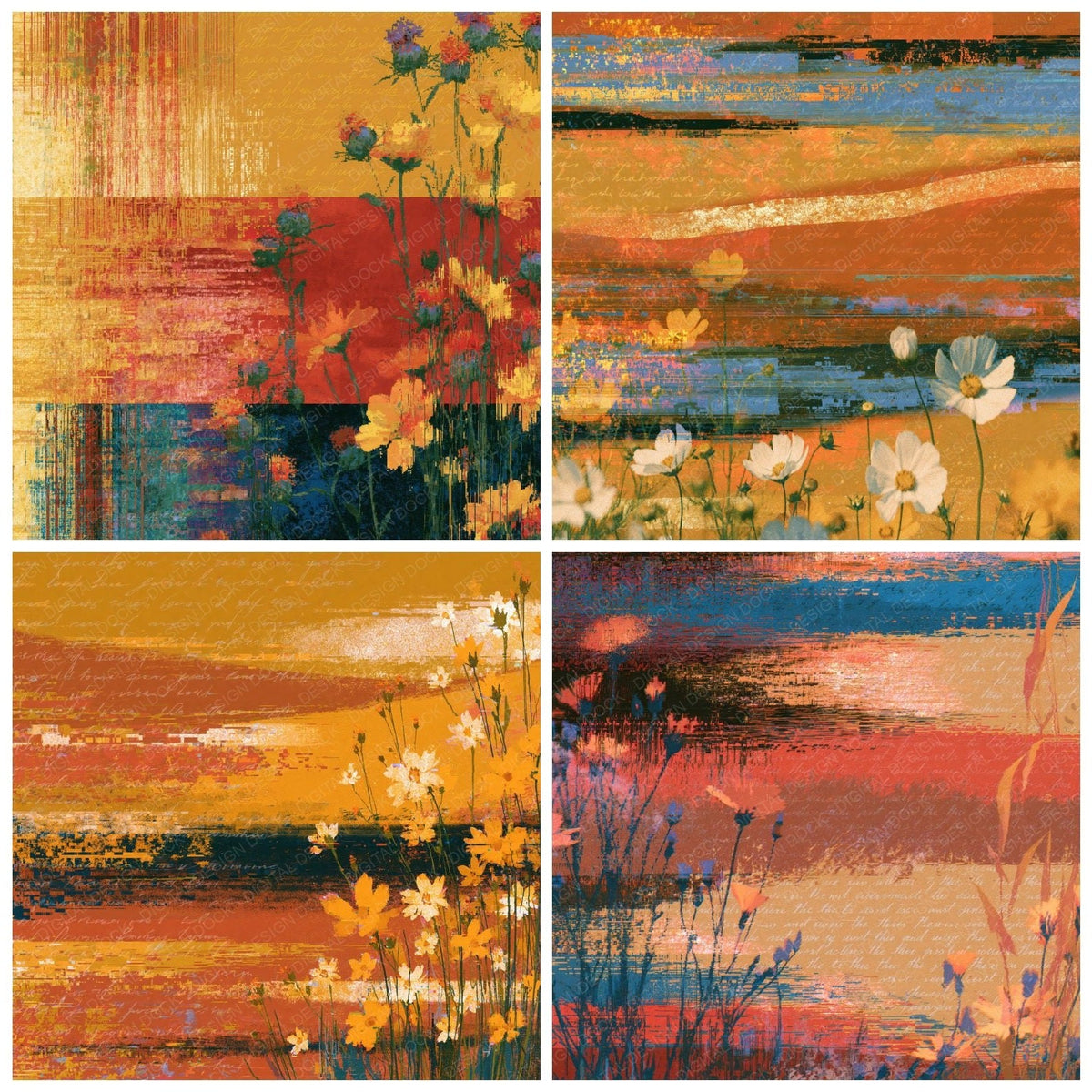 Four Glitch Wildflowers Saffron Rust digital papers from the pack shown in a grid
