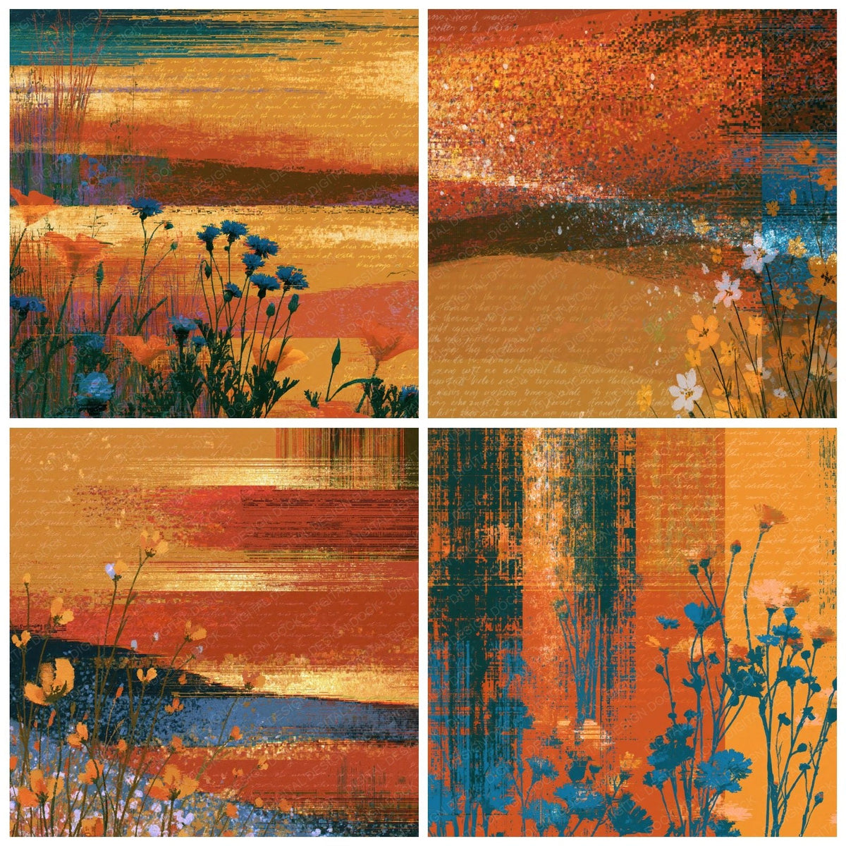 Four more Glitch Wildflowers Saffron Rust digital papers from the pack shown in a grid