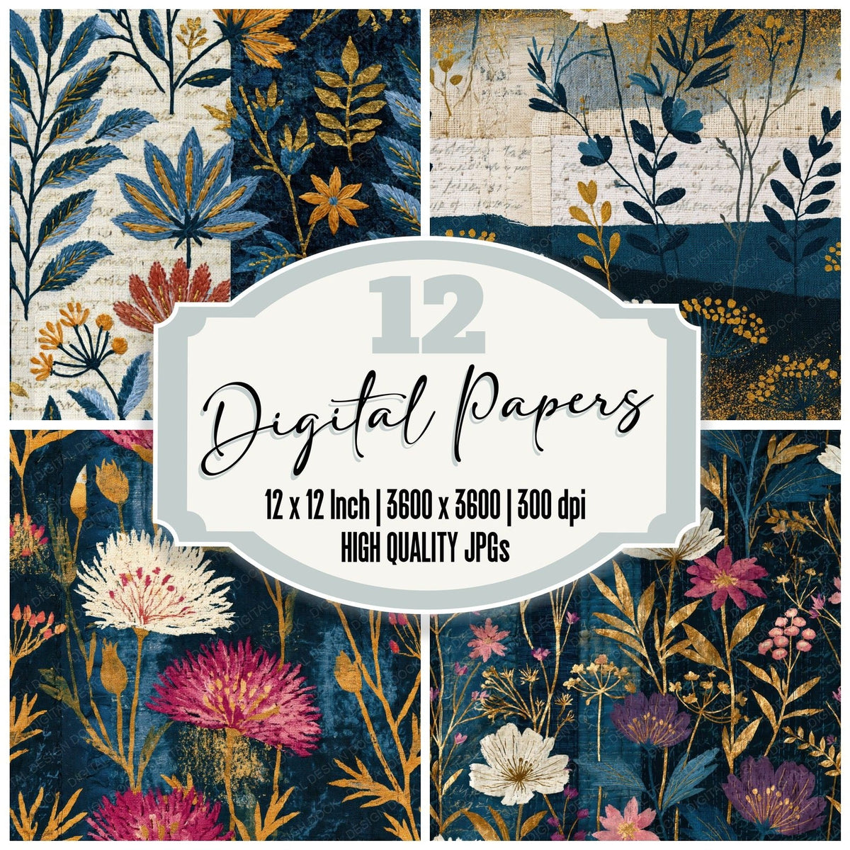 Kantha Wildflowers Midnight Bone Seamless digital paper pack cover showing four of the 12 papers