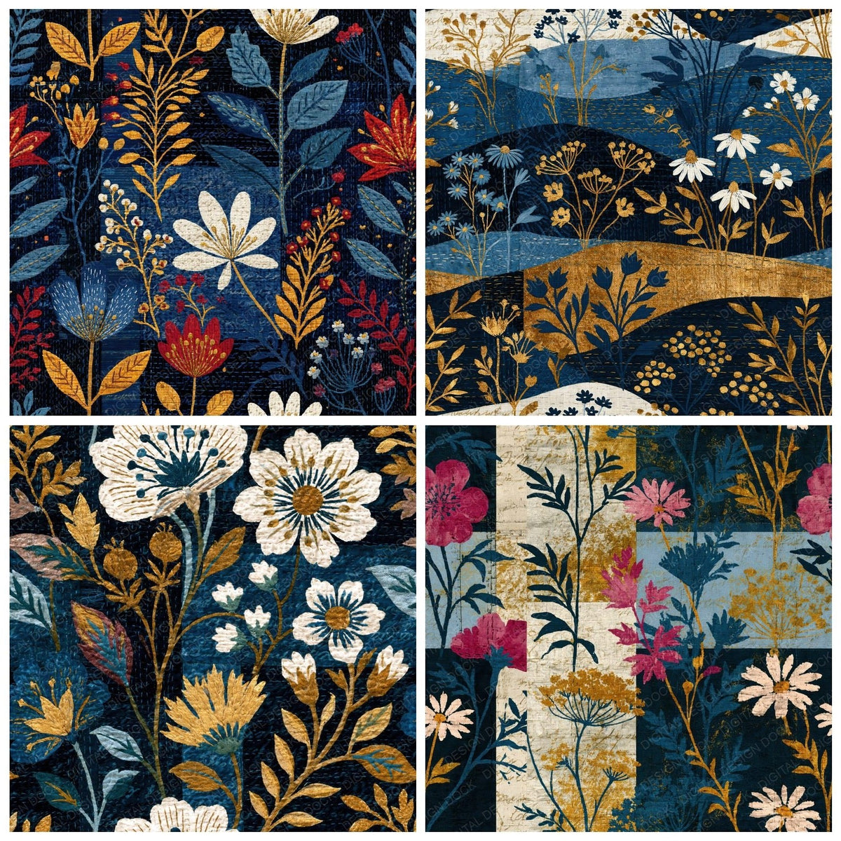 Four Kantha Wildflowers Midnight Bone Seamless digital papers from the pack shown in a grid