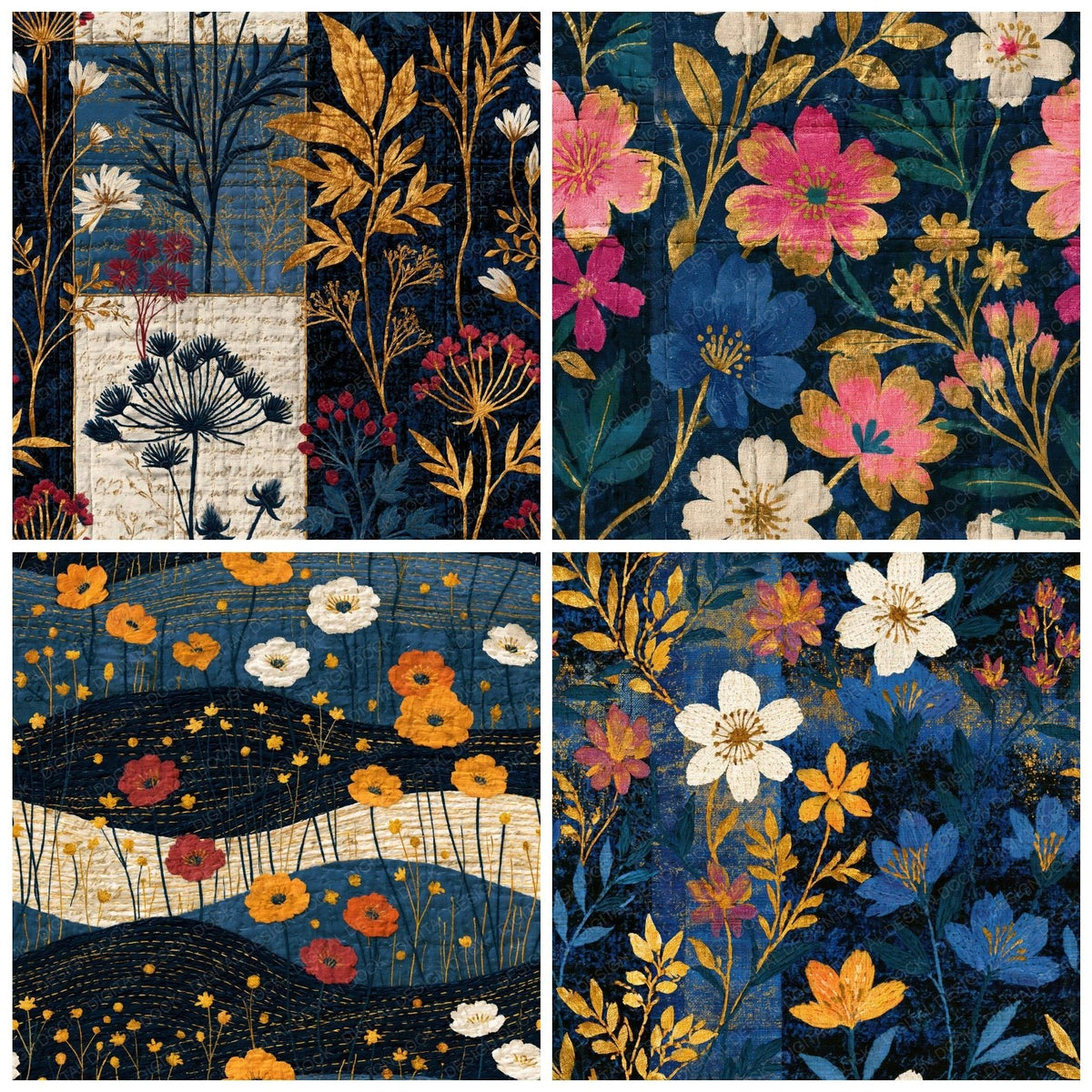 Four more Kantha Wildflowers Midnight Bone Seamless digital papers from the pack shown in a grid
