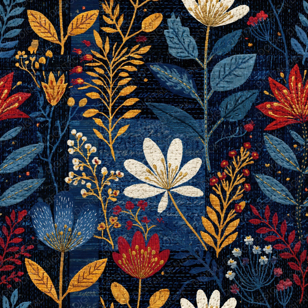 Single Kantha Wildflowers Midnight Bone Seamless digital paper shown full size