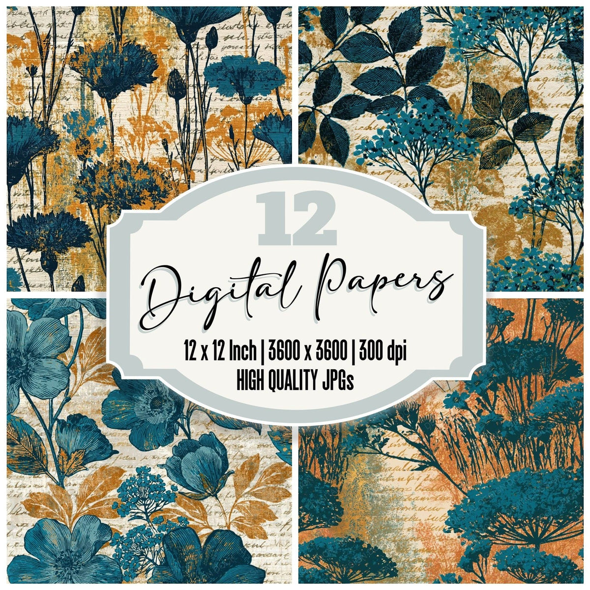 Penny Dreadful Wildflowers Turquoise Sandstone Seamless digital paper pack cover showing four of the 12 papers