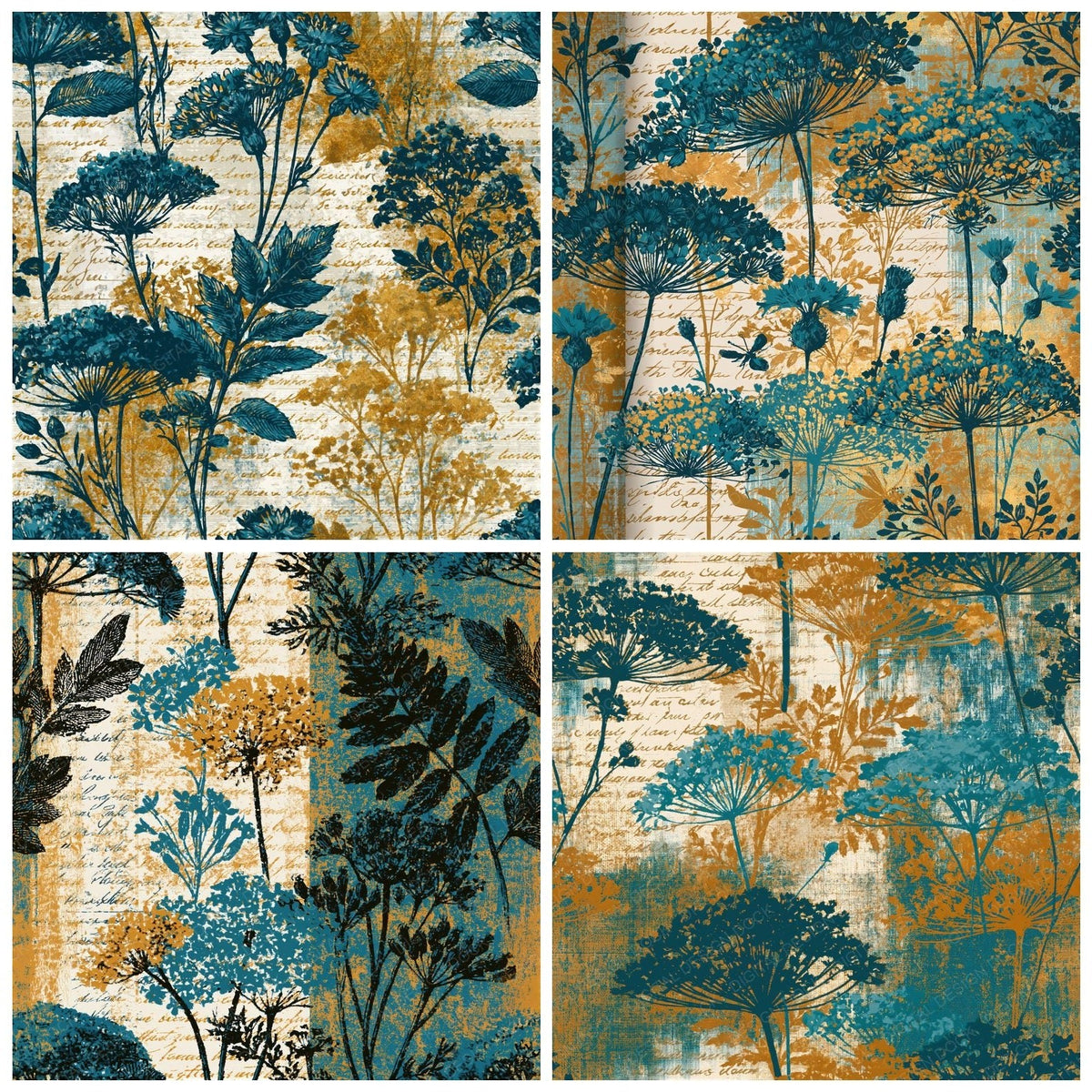 Four Penny Dreadful Wildflowers Turquoise Sandstone Seamless digital papers from the pack shown in a grid