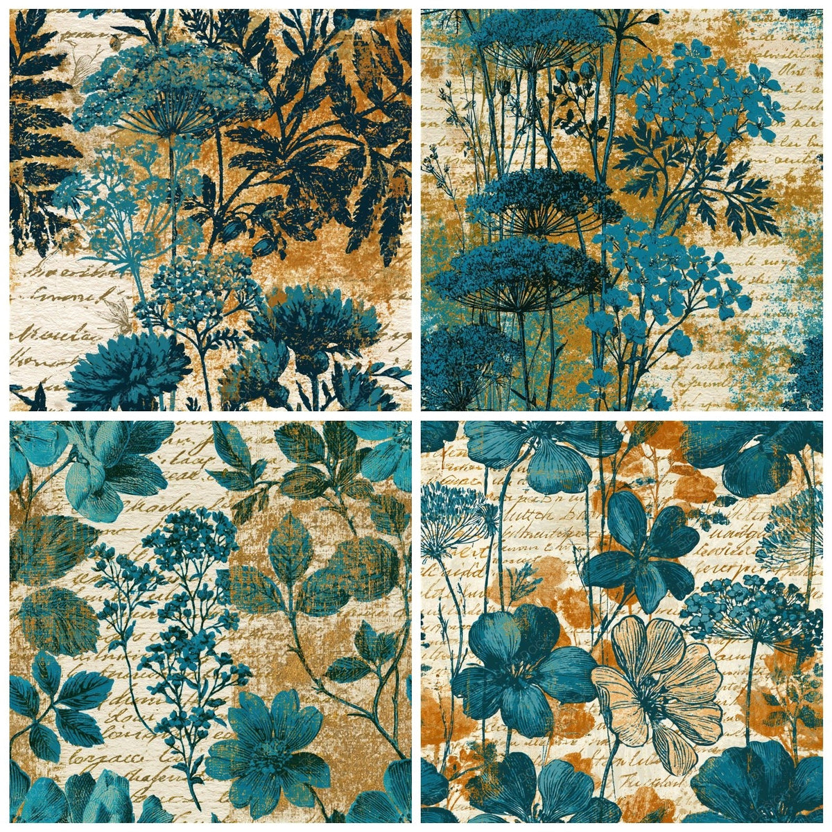 Four more Penny Dreadful Wildflowers Turquoise Sandstone Seamless digital papers from the pack shown in a grid