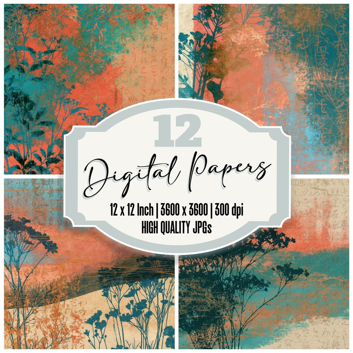 Photogravure Wildflowers Coral Turquoise digital paper pack cover showing four of the 12 papers