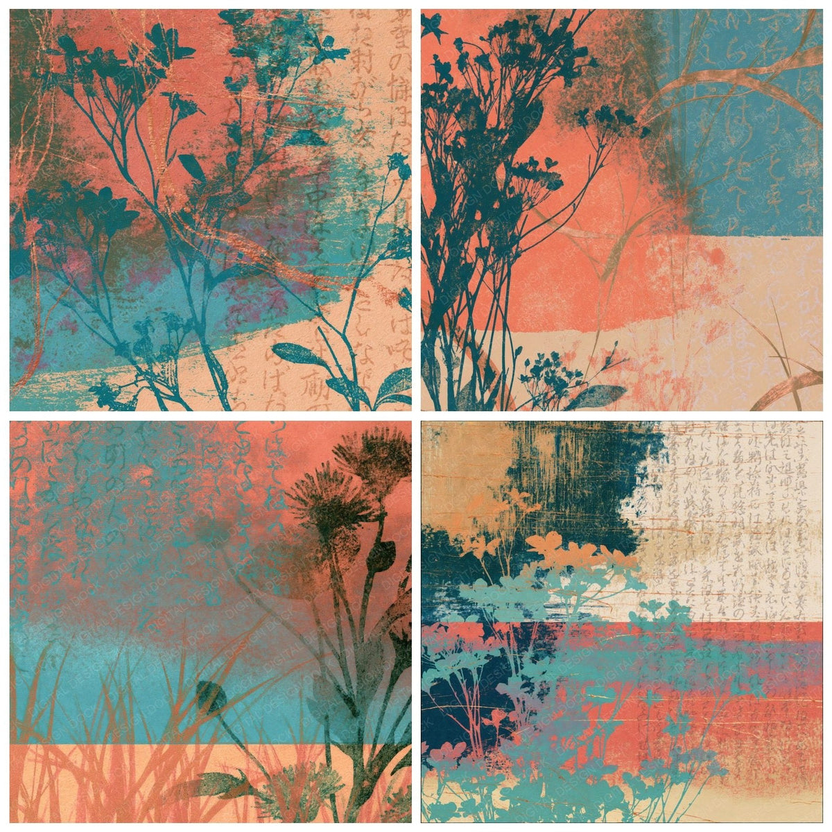 Four Photogravure Wildflowers Coral Turquoise digital papers from the pack shown in a grid