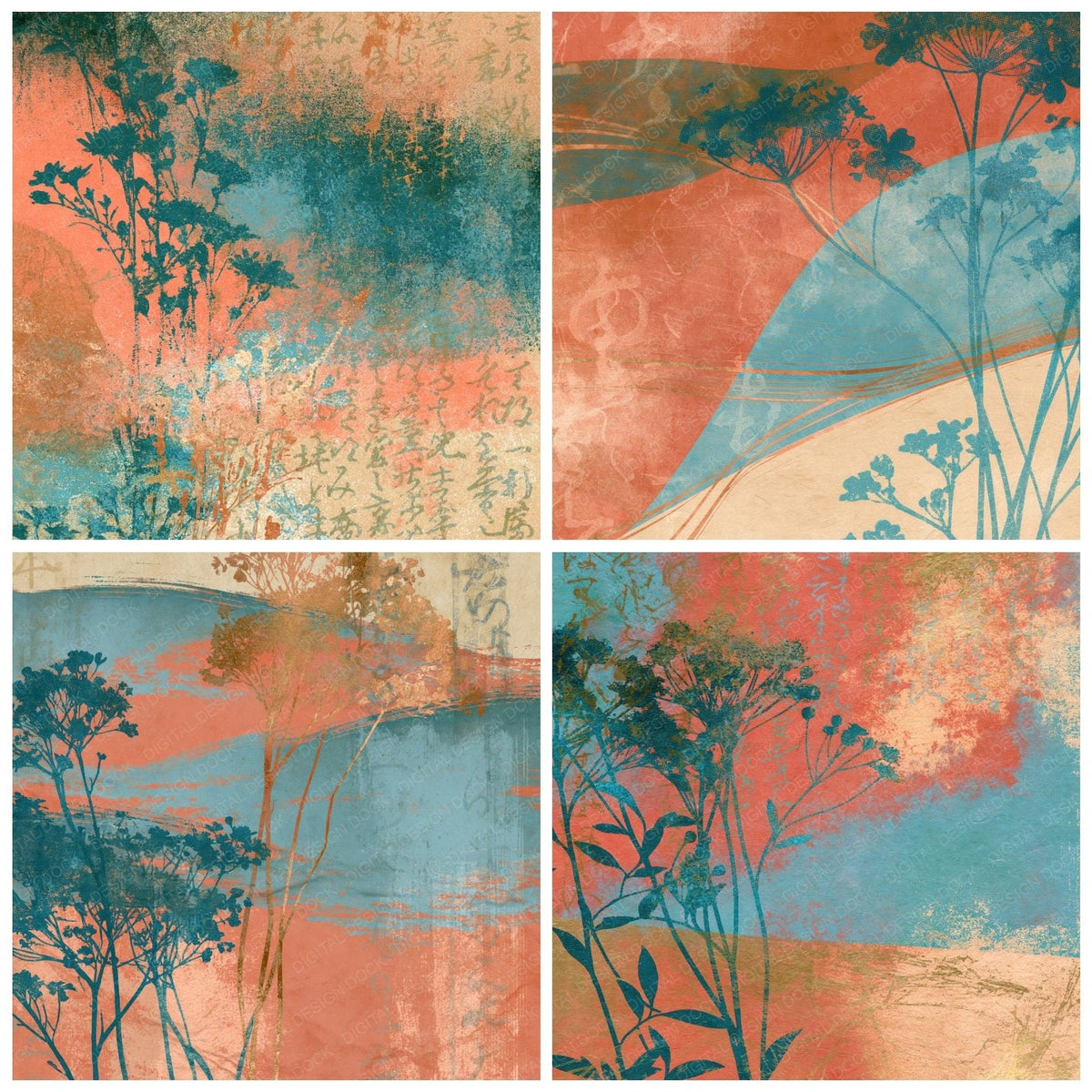 Four more Photogravure Wildflowers Coral Turquoise digital papers from the pack shown in a grid