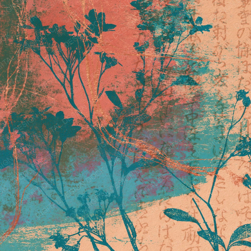 Single Photogravure Wildflowers Coral Turquoise digital paper shown full size