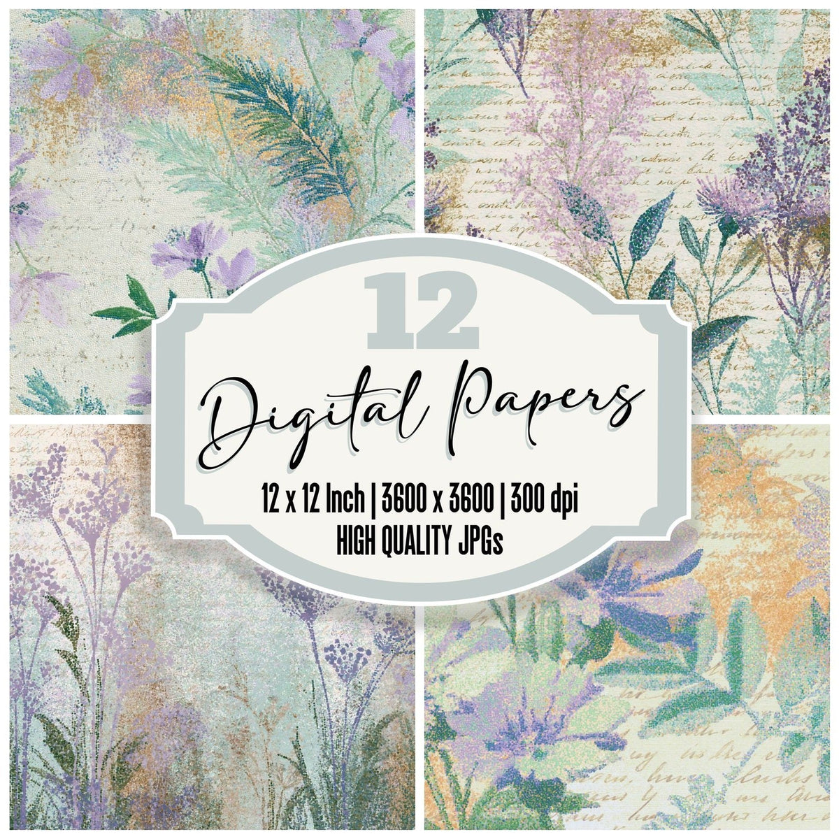 Pointillism Wildflowers Lilac Mint digital paper pack cover showing four of the 12 papers