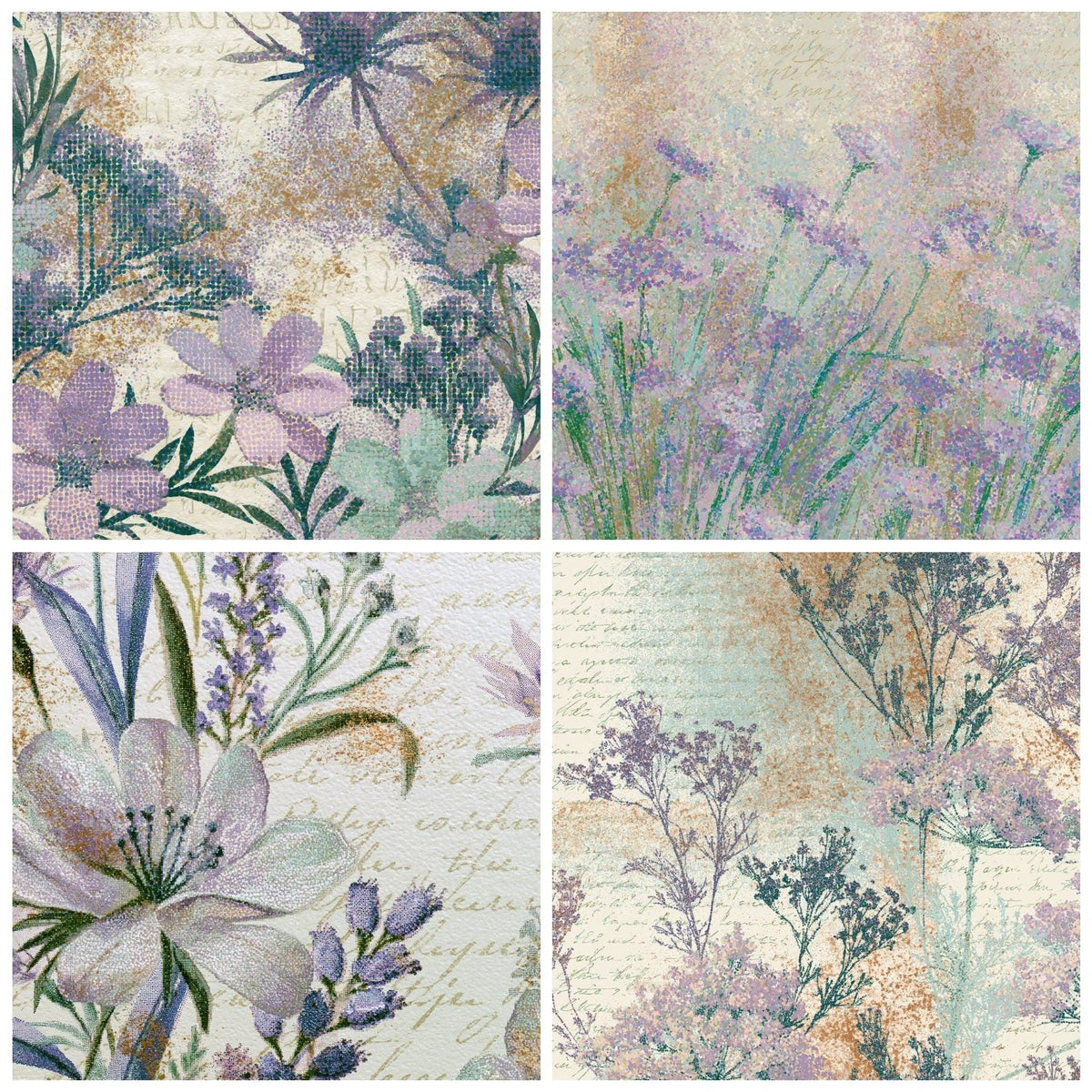 Four Pointillism Wildflowers Lilac Mint digital papers from the pack shown in a grid