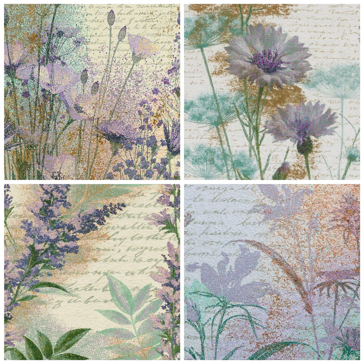 Four more Pointillism Wildflowers Lilac Mint digital papers from the pack shown in a grid