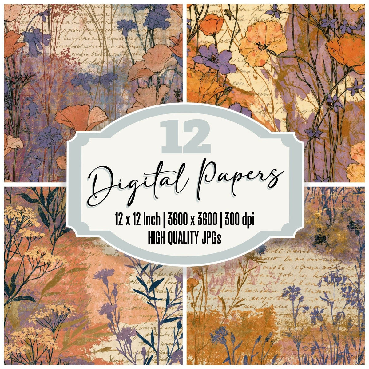 Rackham Wildflowers Tangerine Lavender digital paper pack cover showing four of the 12 papers