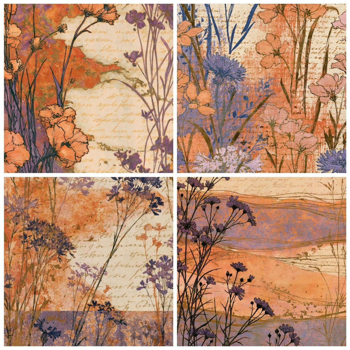 Four more Rackham Wildflowers Tangerine Lavender digital papers from the pack shown in a grid