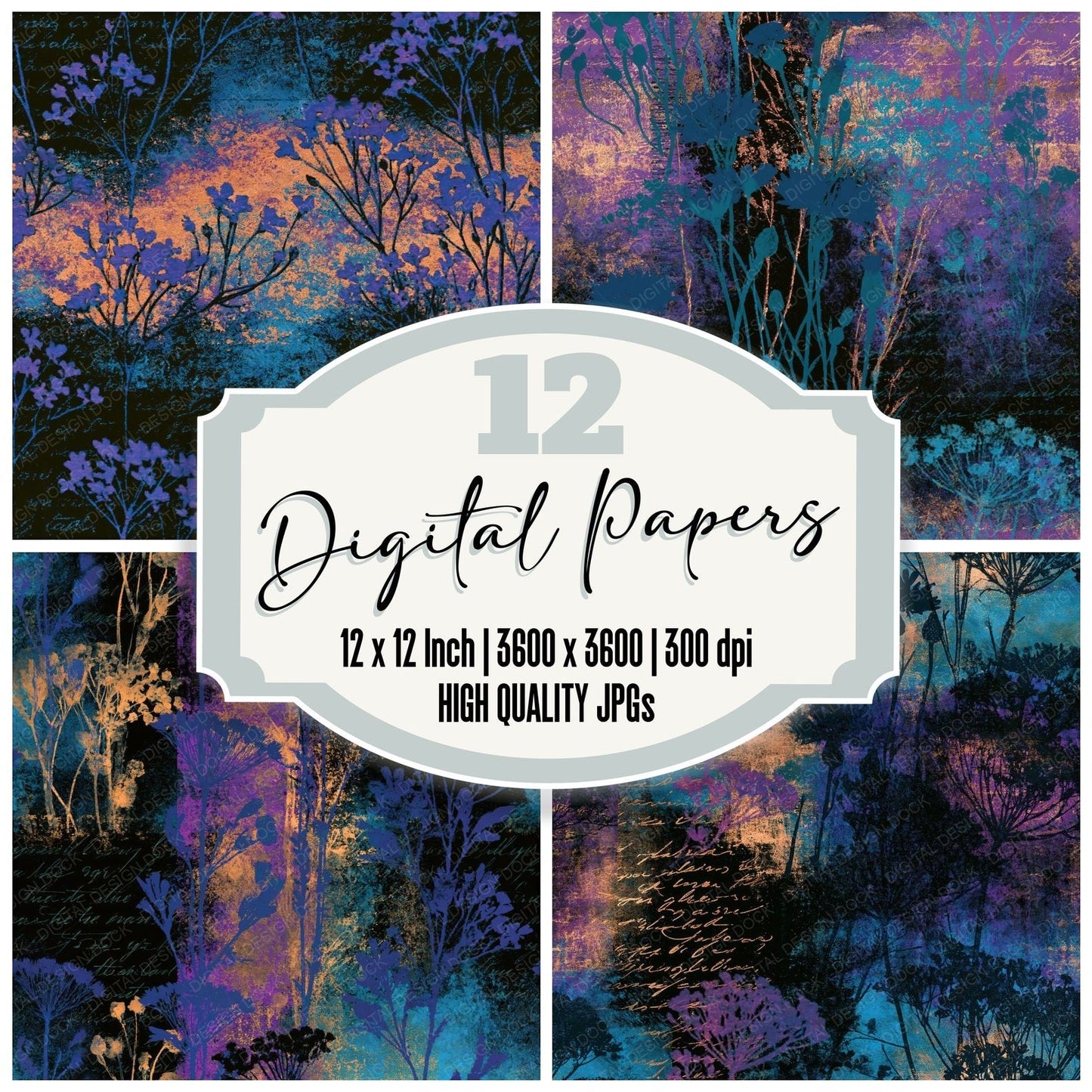 Salt Print Wildflowers Cyan Violet Seamless Digital Paper Pack (DDD016740)