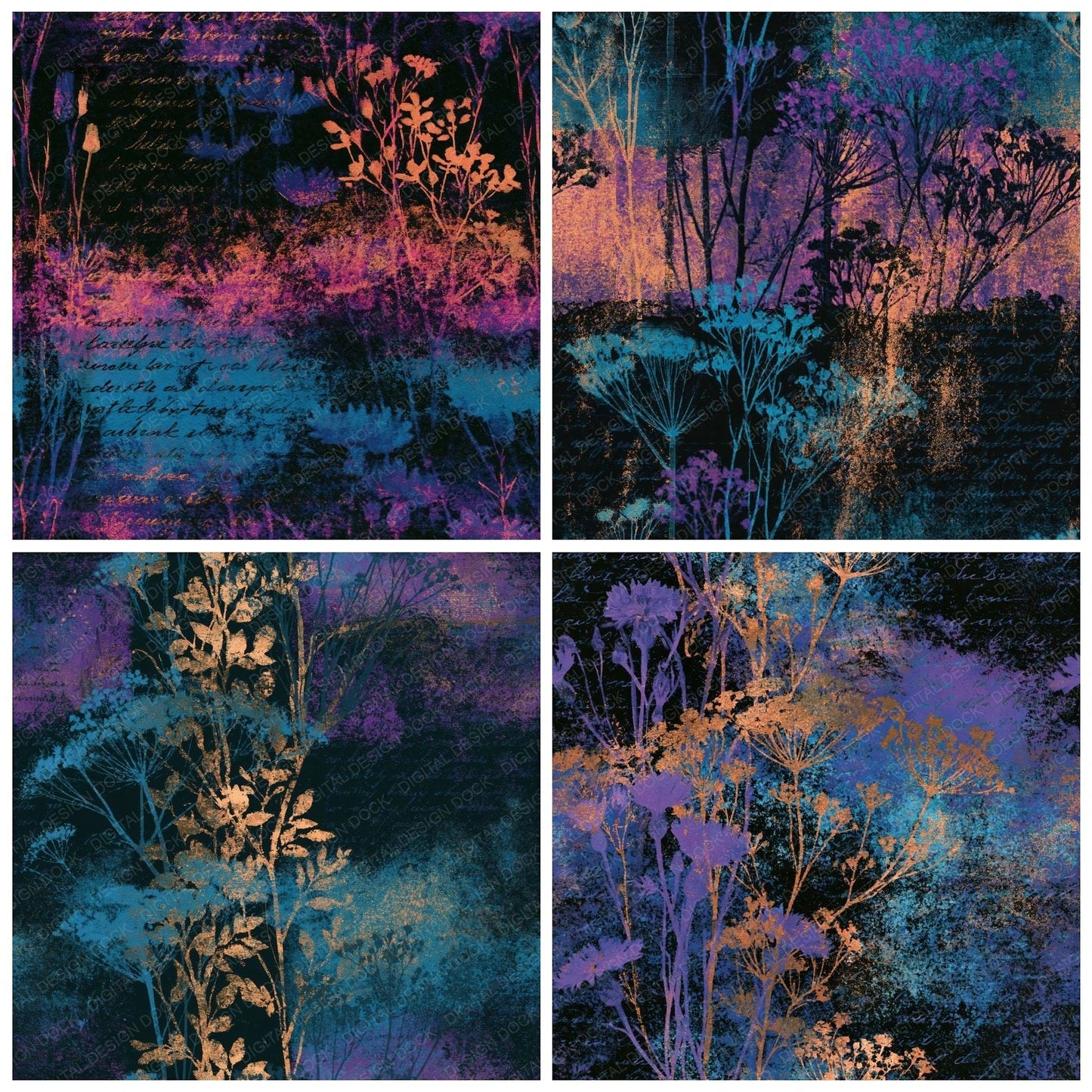 Salt Print Wildflowers Cyan Violet Seamless Digital Paper Pack (DDD016740)