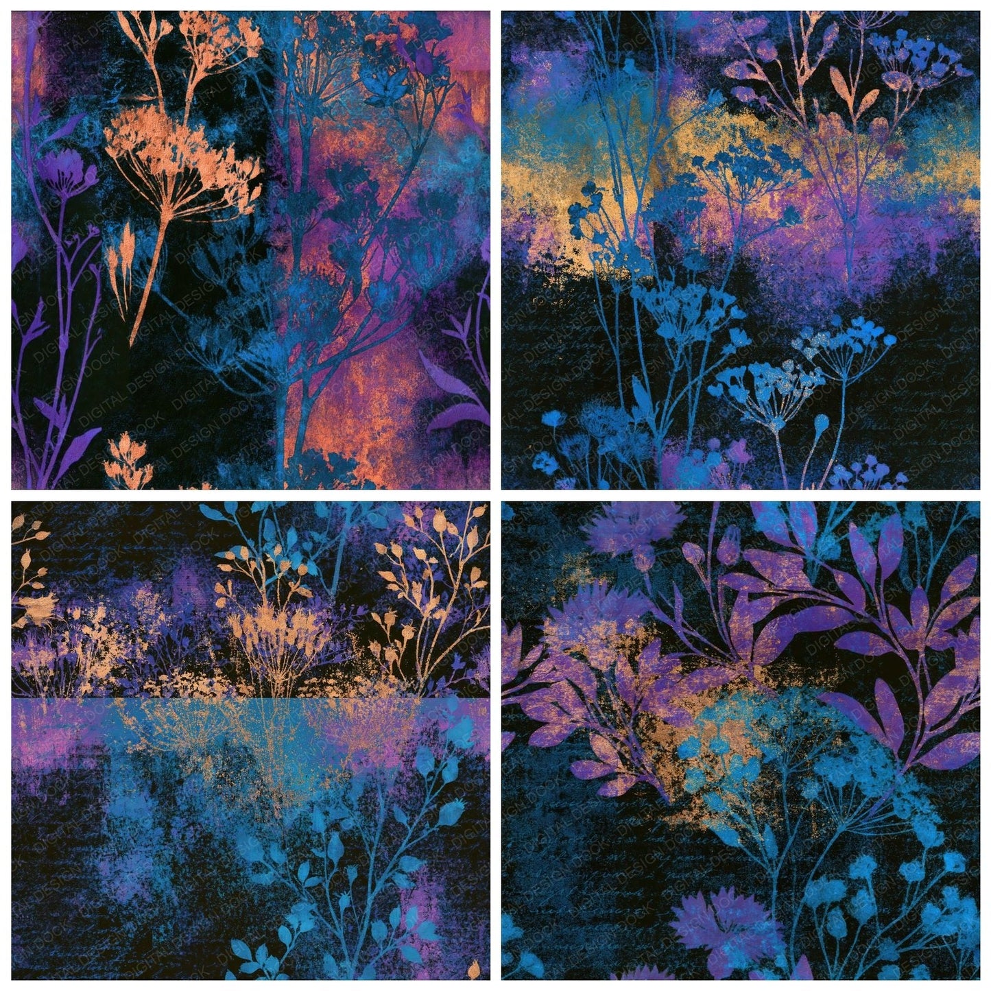 Salt Print Wildflowers Cyan Violet Seamless Digital Paper Pack (DDD016740)