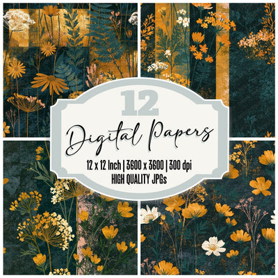 Scandinavian Wildflower Forest Saffron Seamless digital paper pack cover showing four of the 12 papers