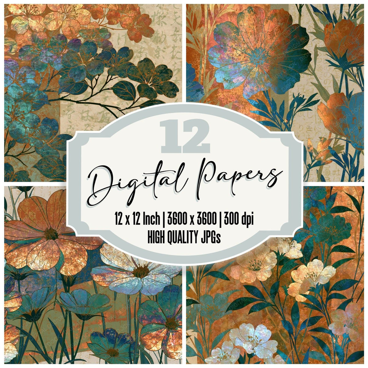 Y2K Chrome Wildflowers Cinnamon Moss digital paper pack cover showing four of the 12 papers