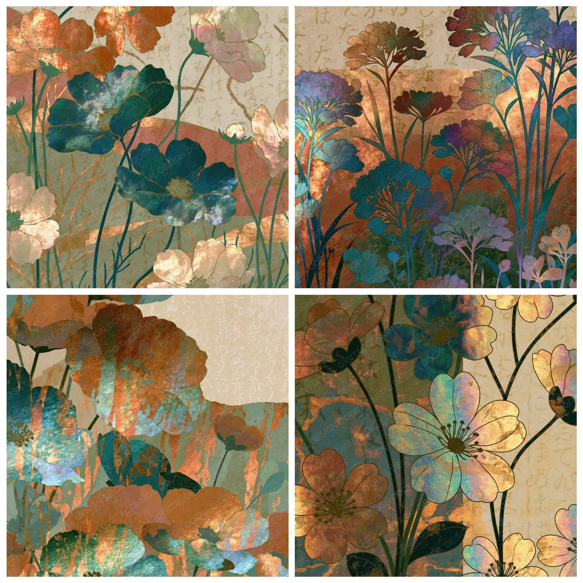 Four Y2K Chrome Wildflowers Cinnamon Moss digital papers from the pack shown in a grid