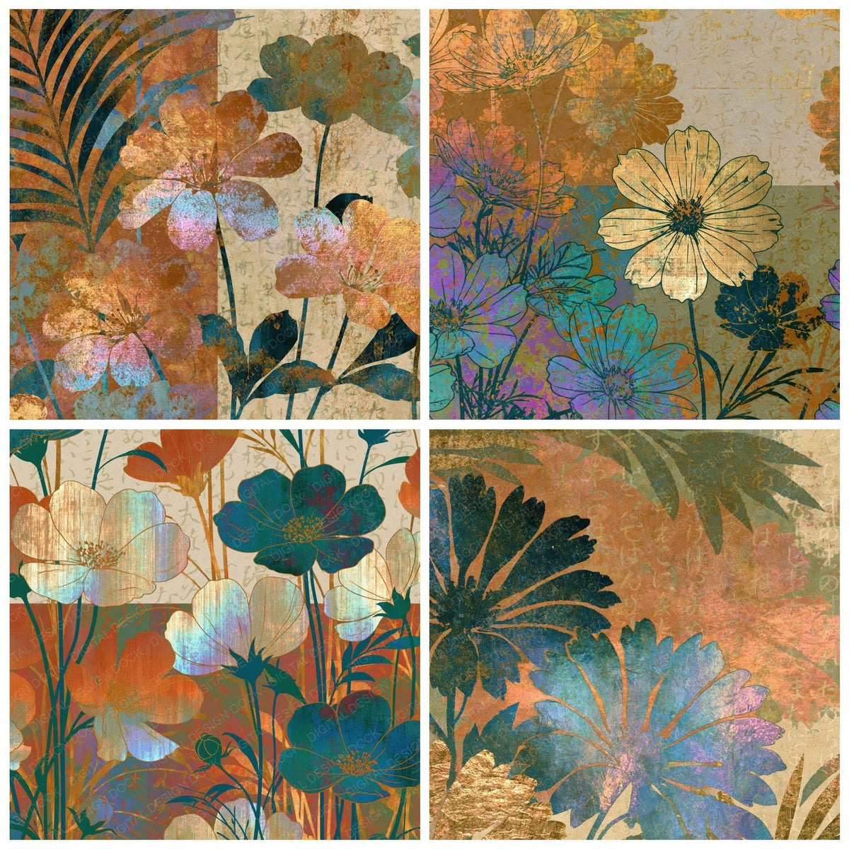 Four more Y2K Chrome Wildflowers Cinnamon Moss digital papers from the pack shown in a grid