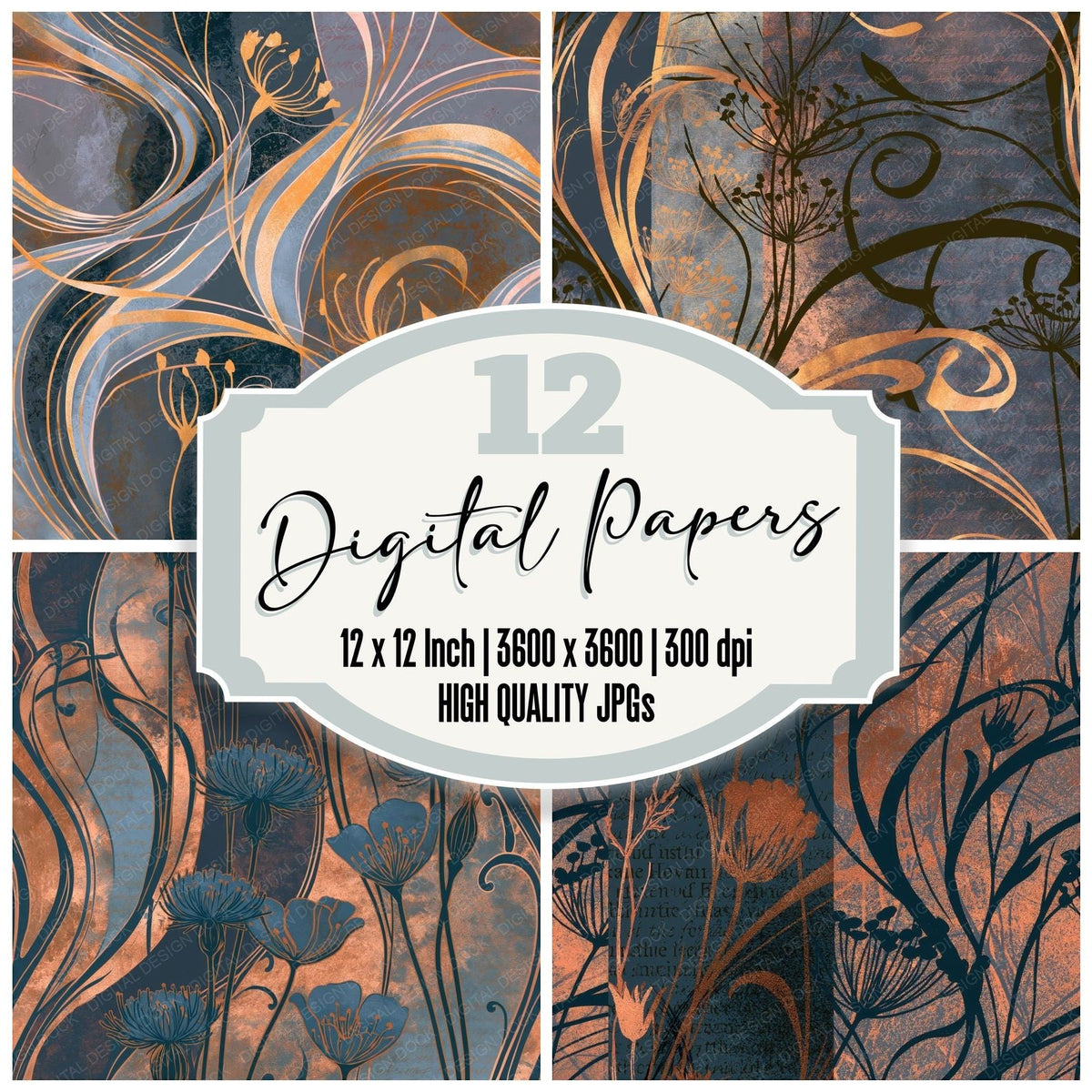 Art Nouveau Wildflowers Iron Slate Seamless digital paper pack cover showing four of the 12 papers