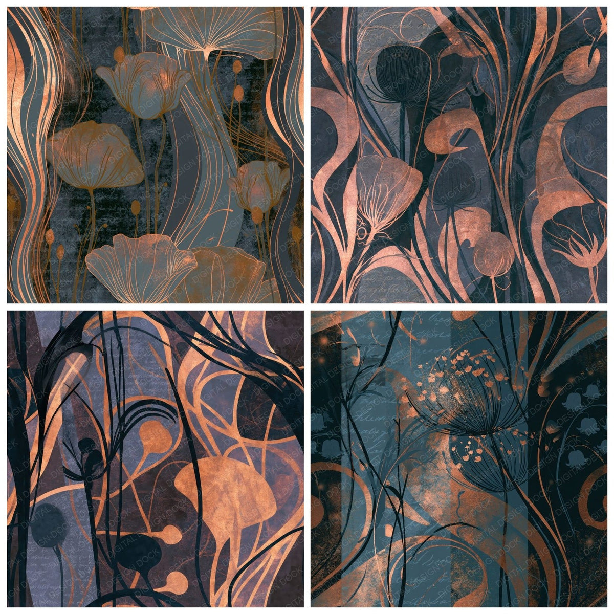 Four Art Nouveau Wildflowers Iron Slate Seamless digital papers from the pack shown in a grid