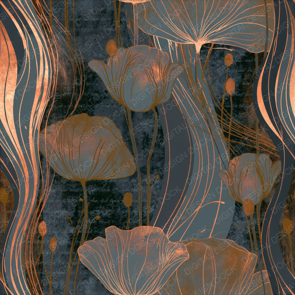 Single Art Nouveau Wildflowers Iron Slate Seamless digital paper shown full size