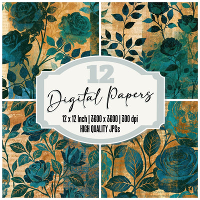 Block Print Roses Skulls Emerald Digital Paper Pack (DDD016747)