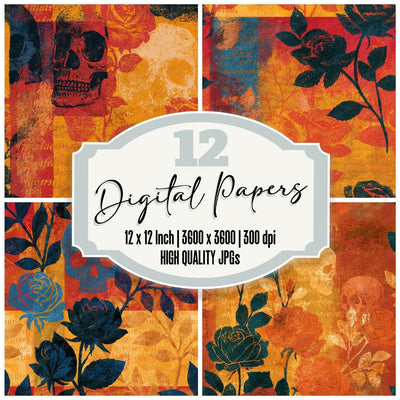 Bohemian Roses Skulls Saffron Rust Seamless Digital Paper Pack (DDD016748)